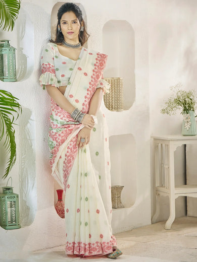 Alluring White Digital Printed Linen Office Wear Saree With Blouse